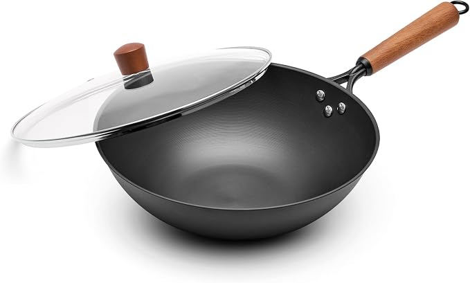Carbon Steel Wok with Glass Lid, 12.6 Inch Flat Bottom Stir Fry Pan, Rolled Edge Spun Wok Pan, Coating-Free Wok for Induction, Gas & Electric Cooktops, 3–4 Servings