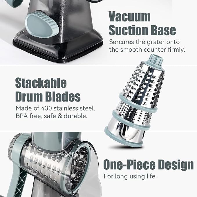 KEOUKE Rotary Cheese Grater Pro 6 in 1 - Shredder Crinkle Slicer Grinder Ice Shaver, Stable Suction, Time-saving Easy Use & Clean, Safe Morden Kitchen Tool for Cheese, Vegetable, Nuts, Chocolate