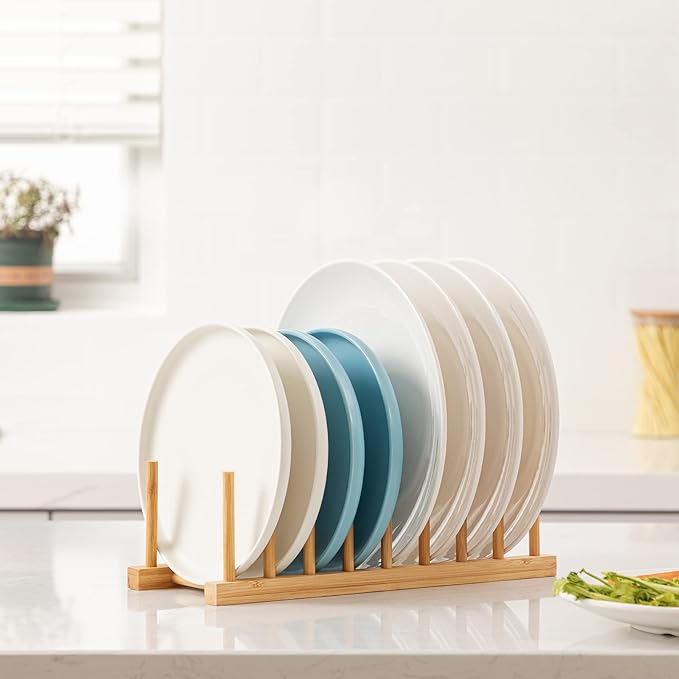 HBlife Bamboo Dish Plate Bowl Cup Book Pot Lid Cutting Board Drying Rack Stand Drainer Storage Holder Organizer Kitchen Cabinet（Keep Dry）