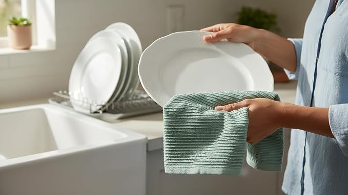 Seafoam Sage Aqua Green Kitchen Dish Towels, 3 PC, 100% Cotton, 18" x 28" | Terry Loop Ribbed Textured, Soft & Absorbent Cleaning Cloth, Quick Dry, Multipurpose for Everyday Use