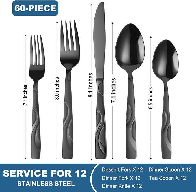 60-Piece Black Flatware Set for 12 | Grade 430 Stainless Steel Gray Silverware Set, Cutlery Set, including Fork Spoon Knife, Dishwasher Safe