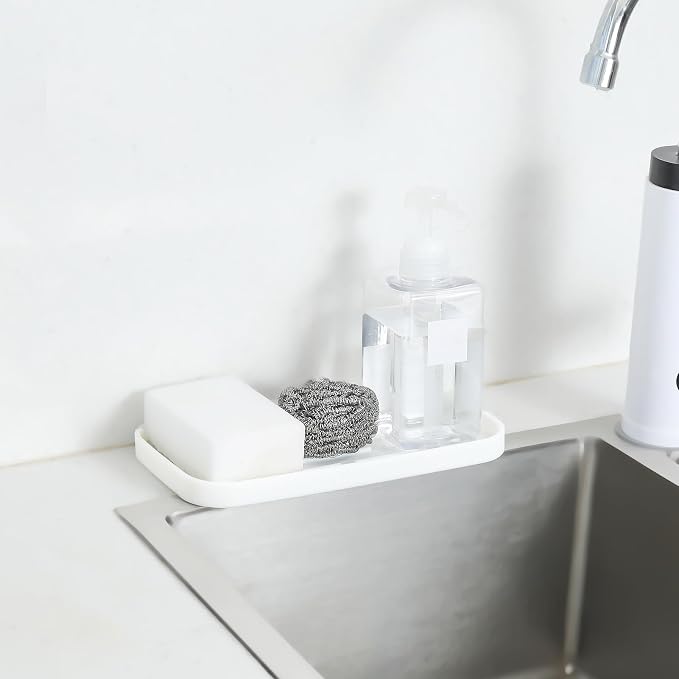 MicoYang Silicone Kitchen Sink Organizer Tray for Multiple Usage,Eco-Friendly Sponges Holder for Kitchen Bathroom Counter or Sink,Dish Soap Dispenser,Scrubber,Bottle,Cup (White, 10"×5.3")