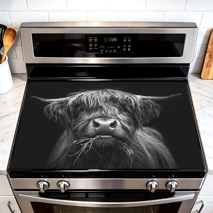 Highland Cow Stove Top Cover, Black and White, 28x20 in | Black and white highland cow close-up on black; non-slip washable mat; protects glass and electric cooktops; 28.4 x 20.5 in