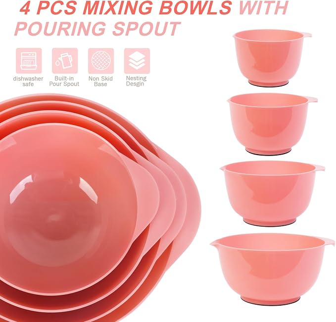 BoxedHome Classic Mixing Bowls Set of 4, BPA Free Plastic, Microwave Safe | 4.5, 3.5, 2.5 and 1.7 qt, Non-slip Base Large Non-toxic Nesting Bowl with Pour Spout, Dishwasher Safe, for Prep, Cooking