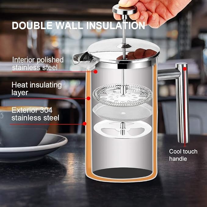 Secura French Press Coffee Maker, 304 Grade Stainless Steel Insulated Coffee Press with 2 Extra Screens, 34oz (1 Litre), Silver (Pack of 3)
