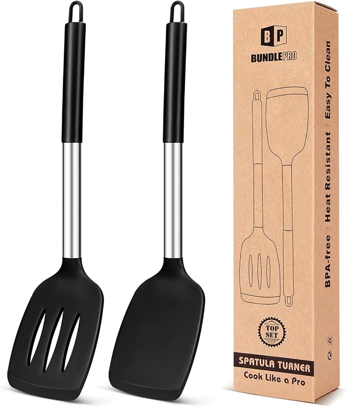 Pack of 2 Silicone Solid Turner, Non Stick Slotted Kitchen Spatulas, High Heat Resistant BPA Free Cooking Utensils, Ideal Cookware for Fish, Eggs, Pancakes(Black)