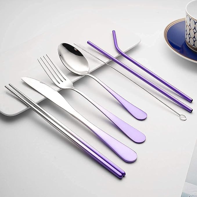 Travel Utensils Set with Case Reusable Portable Cutlery Set Stainless Steel 8pcs Including Dinner Knife Fork Spoon Chopsticks straws (Gradient Purple) | Dishwasher Including Dinner Knife Fork Spoon Chopsticks Straws Travel Fork Spoon Knife for Work, Ca...