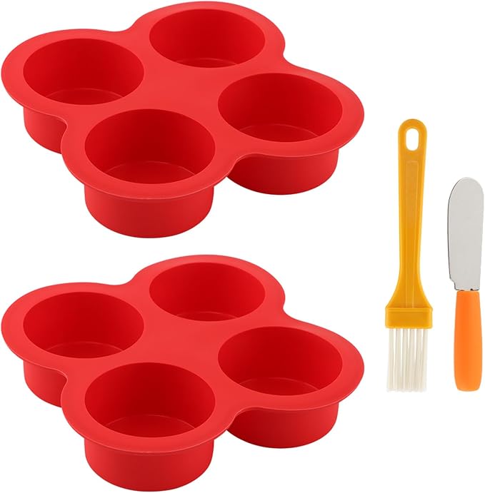 2 Pack Silicone Egg Bite Molds with 1 Spatula & 1 Brush, 4 Cups Silicone Air Fryer Baking Pan Non-Stick for Egg Bites, Cupcake, Tart, Frittata, Quiche, Muffins, Cornbread