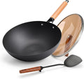WANGYUANJI 12.6" Carbon Steel Wok with Lid, Flat Bottom Wok Pan for Induction and Gas Stoves, Heavy Duty Unseasoned Asian Stir Fry Pan with Detachable Wooden Handle