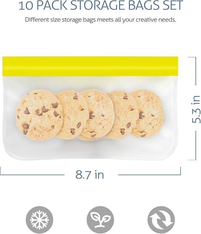 10 Pack Reusable Gallon Freezer Bags, Yellow | Dishwasher Safe Silicone Food Snack Storage Bags with 3 Sizes for Snack, Sandwich, Lunch