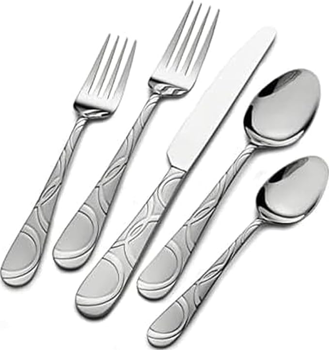 Pfaltzgraff Frost 53-Piece Flatware Set, 18/0 Stainless Steel Silverware Set for 8 with Steak Knives, Serving Pieces, Dishwasher Safe