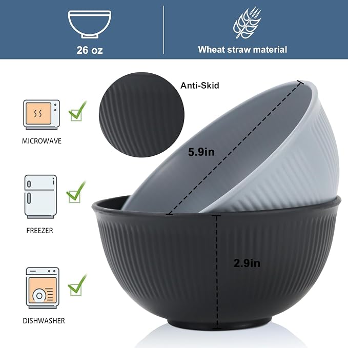 Plastic Bowls Microwave Safe, Wheat Straw Bowls Set, 8 PCS, 26 OZ | Unbreakable Cereal Bowls, Reusable Plastic Bowls for Kitchen, Apartment, Camping, RV, Dishwasher Safe, Classic Series