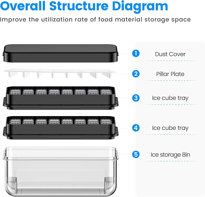 1" Ice Cube Tray with Lid and Bin, Easy Release 64 Cubes for Freezer | Food-grade BPA-free PP and ABS. 1" x 64pcs ice cubes for fruit whiskey, cocktails. Space-saving, stackable with scoop