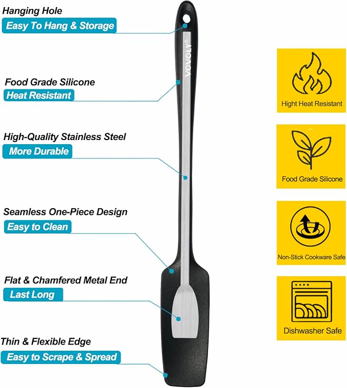 VOVOLY Silicone Jar Spatulas, Long Handle Jar Spatulas, 600ºF Heat Resistant Small Spatula, Seamless Design, Stainless Steel Core, BPA Free Spoonula (3, Mixed)