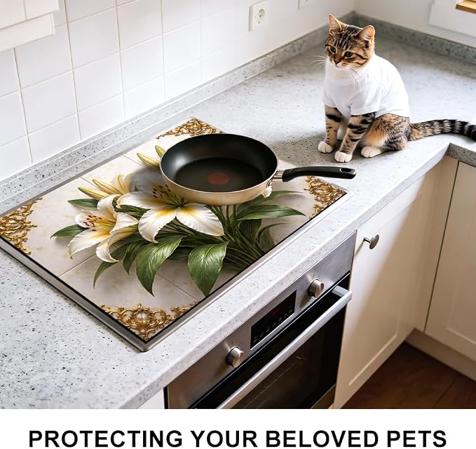 White Lily Bouquet Gold Baroque Stove Top Cover 28.35x20.47in | White lily bouquet gold baroque stove top cover 28.35x20.47 in; elegant floral cooktop mat dishwasher safe machine washable
