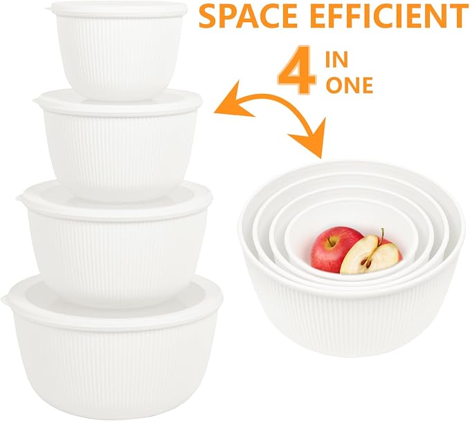 BoxedHome Plastic Mixing Bowls with Lids Set,4.97QT Large Capacity Deep Nesting Bowl,8 Pieces Set BPA-Free Prep Bowls,Dishwasher & Microwave Safe,Beige