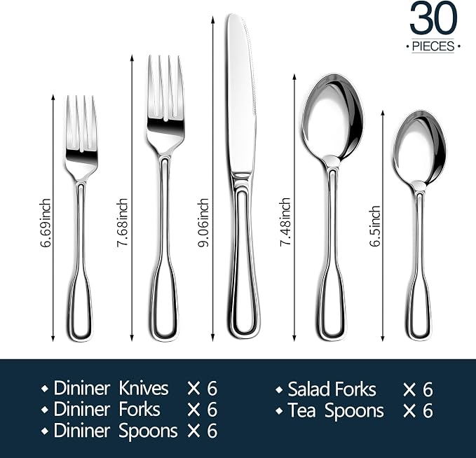 Silverware Set for 6, 30 Piece Boston Style Stainless Steel Flatware Set | Mirror Polished Utensils Spoons and Forks Set for Kitchen，Dishwasher Safe