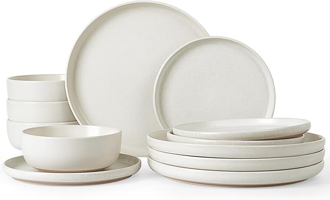 Famiware Milkyway 12-Piece Stoneware Dinnerware Set, Matte Beige White | Plates and Bowls for 4, Reactive Glaze Dish Set, Microwave & Dishwasher Safe, Chip & Scratch Resistant