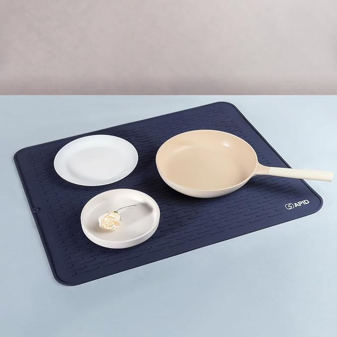 Extra Large 30x24 Inch Silicone Dish Drying Mat for Rack & Kitchen Counter | Easy Clean Silicone Drying Mat for Kitchen Counter, Non-Slip Dish Drain Mat, Heat Resistant Silicon Dish Mat, Navy Blue SAPID