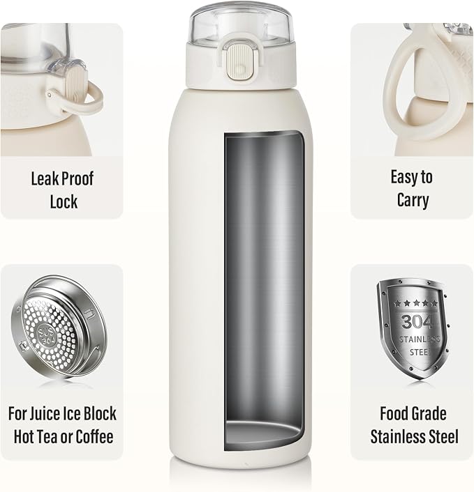 Insulated Water Bottle 24 oz with Dustproof Lid, Carry Handle & Tea Infuser, BPA-Free & Leakproof, Stainless Steel Water Bottles Ideal for Fitness, Hiking, Office & Outdoor Use (Beige)