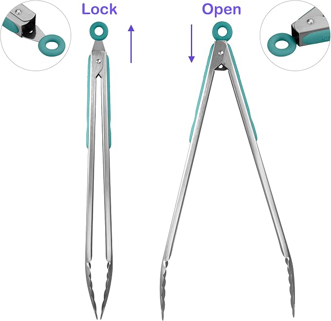 304 Stainless Steel Kitchen Cooking Tongs, 14 & 16", Set of 2, Aqua Sky | Locking Food Tongs with Non-slip Grips and Hanging Loops for Cooking, Grilling, BBQ and Serving, Dishwasher Safe