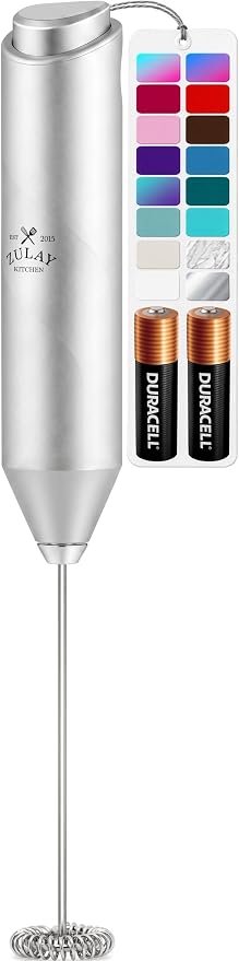 Zulay Kitchen Powerful Milk Frother AA Batteries Included – Ultra Fast Handheld Drink Mixer with Stainless Steel Whisk Stirrer for Coffee, Protein, Matcha & More, Frother Wand Electric Frothmate