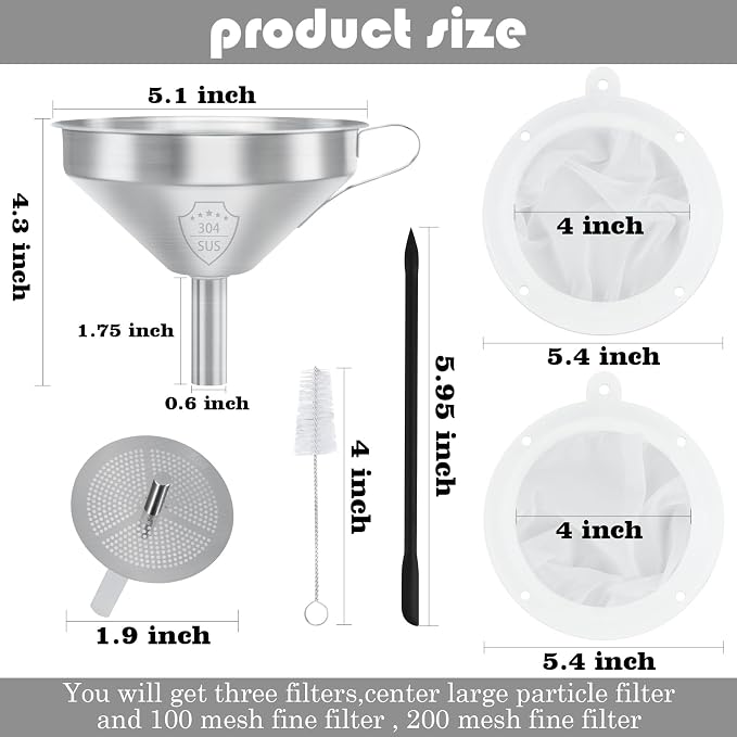 WMKGG 304 Stainless Steel Funnel, 5 Inch Funnels for Kitchen Use Filling Bottles, with 200 Mesh and 100 Mesh Fine Mesh Strainer, for Oils, Juice, Wine, Coffee, Milk, Tea, Powder