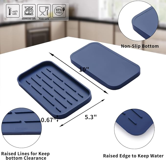 MicoYang Silicone Kitchen Sink Organizer Tray for Multiple Usage,Eco-Friendly Sponges Holder for Kitchen Bathroom Counter or Sink,Dish Soap Dispenser,Scrubber,Bottle,Cup (Navy Blue, 10"×5.3")