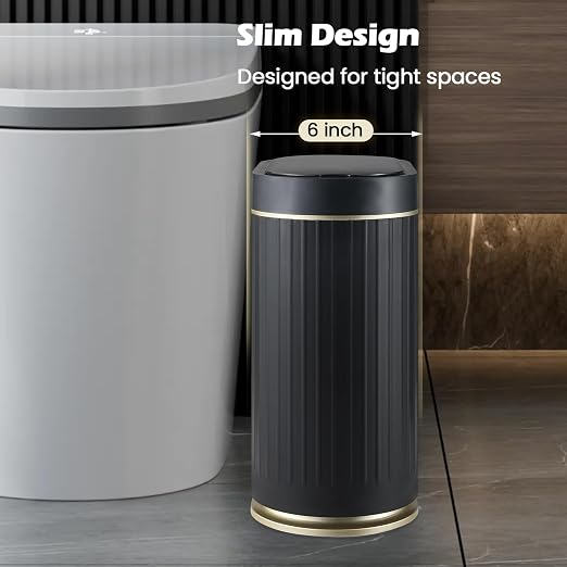 SYNCVIBE Bathroom Sensor Trash Can with Lid, 2 Gallon, Black Gold | Automatic Garbage Can, 7.5 Liter Smart Trash Bin, Slim IPX5 Waterproof Plastic Wastebasket for Bedroom and Office