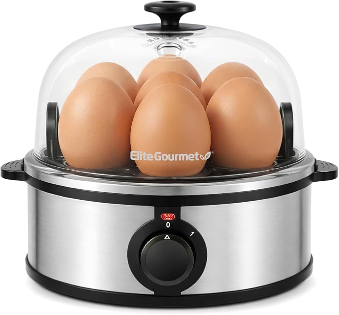 Elite Gourmet EGC648 Egg Boiler Cooker, 7-Egg Poacher/Omelet Maker, Steel | Cooks soft, medium, or hard-boiled eggs, also scrambles - auto shut-off with buzzer - measuring cup included - BPA-free