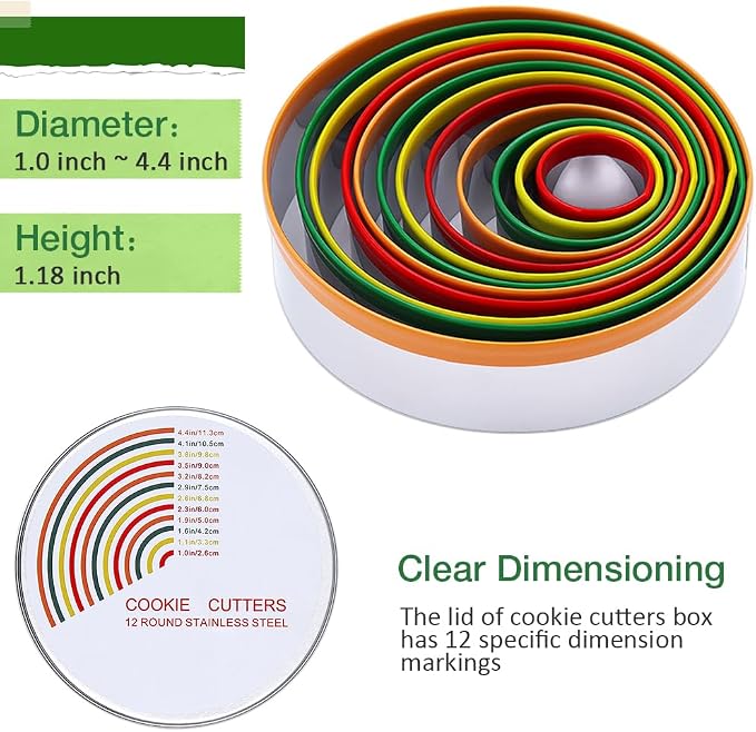 Alimat PluS Round Biscuit Cutter Set, 12 Pack Circle Cookie Cutters | Stainless Steel Donut Cutter with Colorful Rubber Coating, Different Sizes for Dough, Fondant, Clay