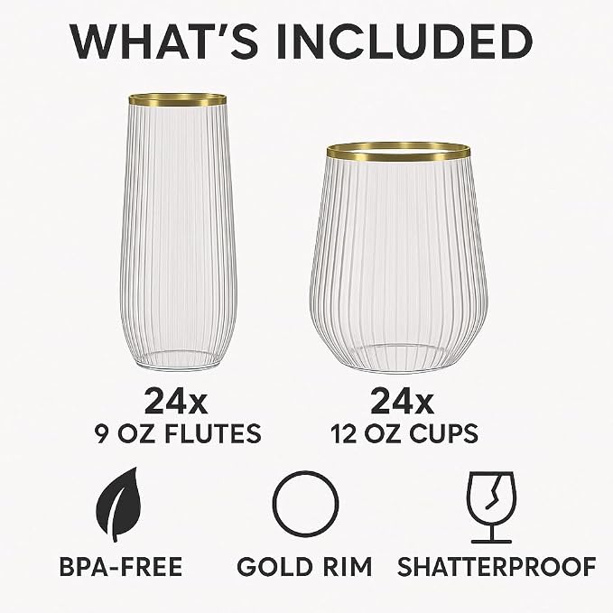 48 Pack Disposable Plastic Champagne Flutes & Wine Glasses - Stemless | 24 9oz Flutes, 24 12oz Cups, Gold Rim, Ribbed, BPA-Free, Shatterproof, Reusable, Recyclable, for Wedding Party Birthday