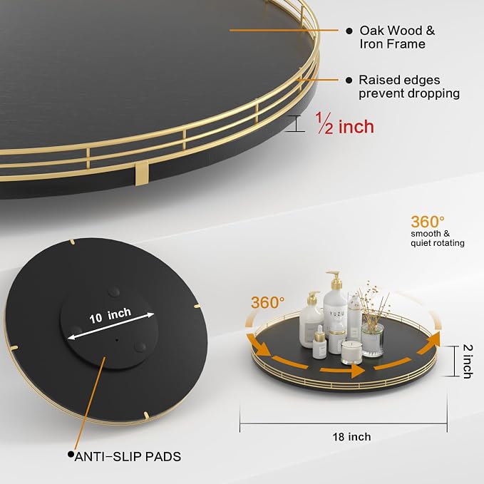 Oroyutor 18" Oak Wooden Lazy Susan Turntable for Dining Table, Large Round Lazy Susans Organizer for Kitchen Countertop, Tabletop 360°Rotating Tray for Spice Organization Gold Black Home Decor
