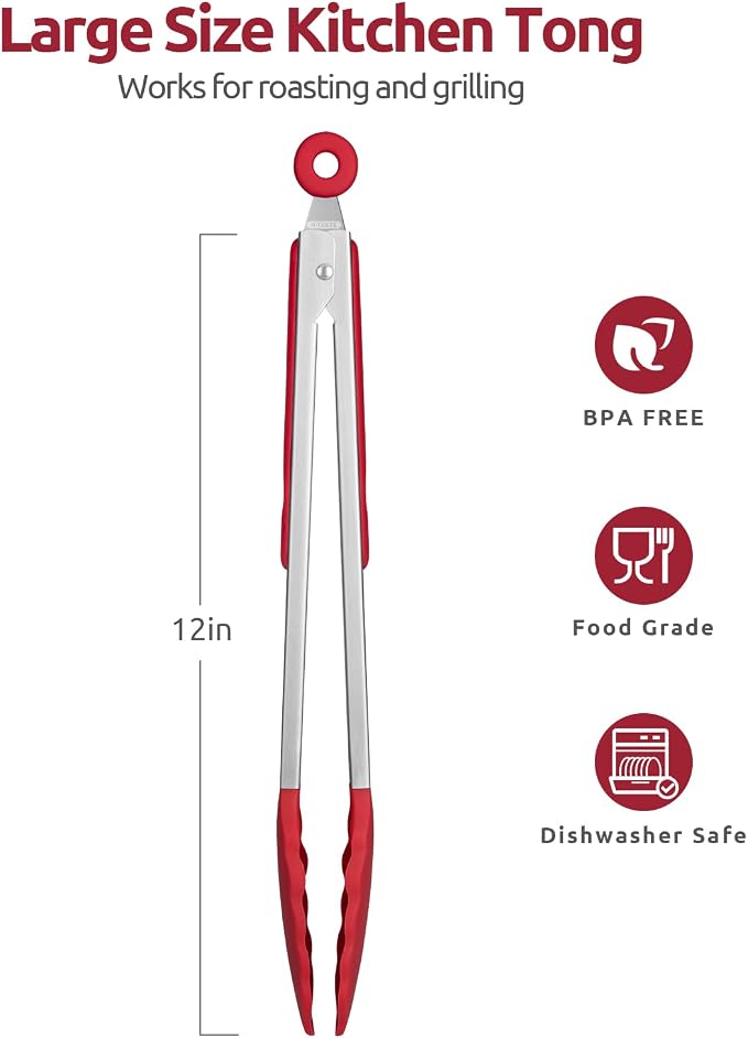 U-Taste Kitchen Tong for Cooking, 600ºF Heat-Resistant Silicone, 12in/Red | Large Tongs for Serving Food, Big Rubber Tong for Grill/BBQ, Silicon Tips & 18/8 Stainless Steel Handle, Smooth Locking