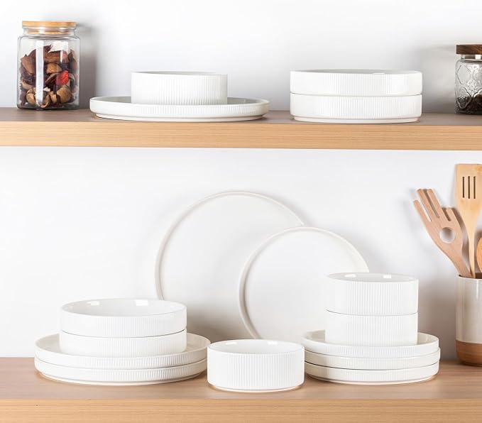 Ceramic Dinnerware Set for 4, 12-Piece Plates and Bowls Set | Lightweight Porcelain Dish Set, Scratch Resistant, Oven & Microwave & Dishwasher Safe, Bright White
