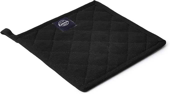 Encasa XO Pot Holders, Quilted Kitchen Hot Pads 8"x8" | Full Black, 100% Cotton | Heat Resistant | Hanging Loop | Multipurpose Trivets | Machine Washable | Set of 2