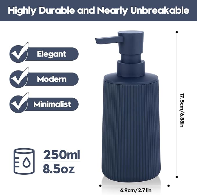Small Soap Dispenser for Bathroom and Kitchen Matte Blue | Modern Farmhouse Striped Style Plastic Hand Soap Dish Soap Dispenser with Pump
