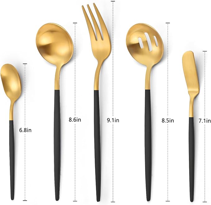 VANVRO Matte Black Gold Serving Silverware Set, 5-Piece Round Shared Utensils Set of Stainless Steel, Hostess Flatware Serving Set, Satin Finish, Dishwasher Safe