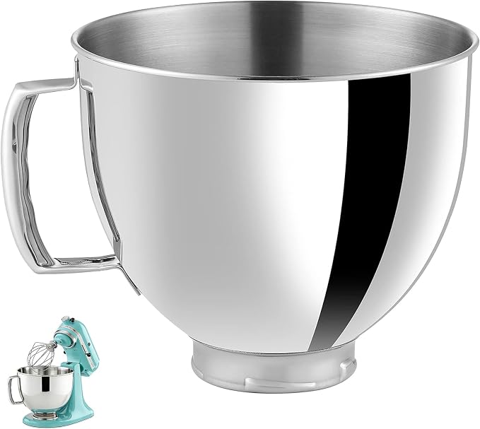 5QT Stainless Steel Mixer Bowl for KitchenAid 4.5 & 5 Quart Tilt-Head Mixer | Seamless polished stainless steel bowl, dishwasher & oven safe fits KitchenAid 4.5/5QT KSM103 KSM110 tilt-head mixers
