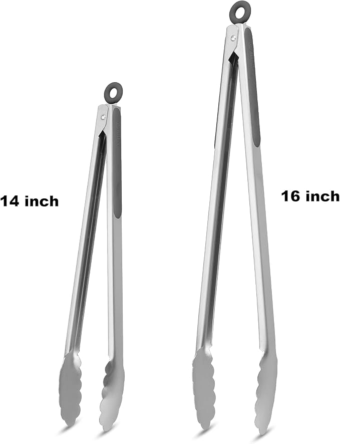 304 Stainless Steel Kitchen Cooking Tongs, 14 & 16 Inch, Set of 2, Grey | Locking Food Tongs with Non-slip Grips and Hanging Loops for Cooking, Grilling, BBQ and Serving, Dishwasher Safe