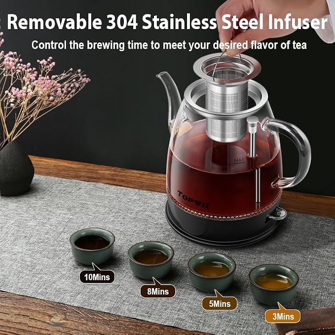 Topwit 1L Glass Electric Kettle, Gooseneck Electric Tea Kettle, BPA-free | Removable Stainless Steel Tea Infuser, Auto-Shut Off, Boil-Dry Protection, Dual-Purpose For Hot Water, Tea & Coffee, Black