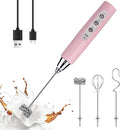 YUSWKO Handheld Milk Frother Wand for Coffee, Rechargeable Electric Whisk with 3 Heads 3 Speeds Drink Mixer Coffee Frother For Latte, Cappuccino, Hot Chocolate, Egg, Pink