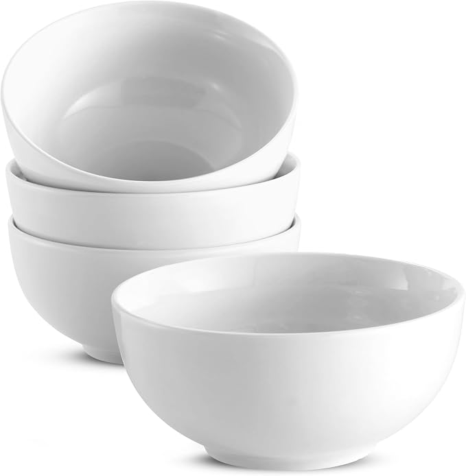 KooK Ceramic Cereal Bowls, Microwave, Dishwasher and Freezer Safe, Porcelain Dishes for Soup, Pasta, Salad, Oatmeal, Deep Interior, 24 oz, Marshmallow White (4)