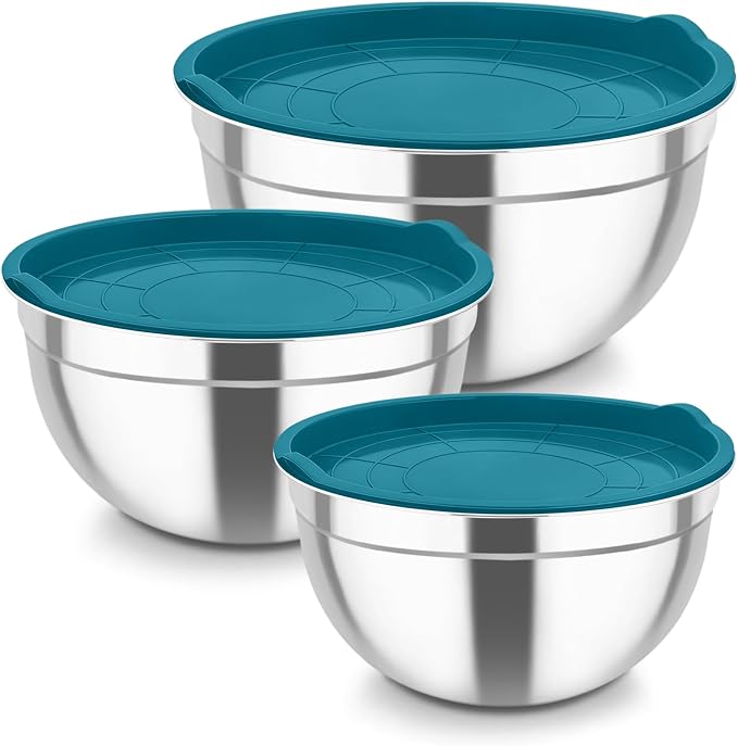 TeamFar Mixing Bowls, Stainless Steel Nesting Salad Bowls & Airtight Lids | For Serving/Mixing/Storing, Healthy & Heavy-duty, Dishwasher Safe & Easy Clean, 4.6/3 / 1.5 QT, Navy Blue