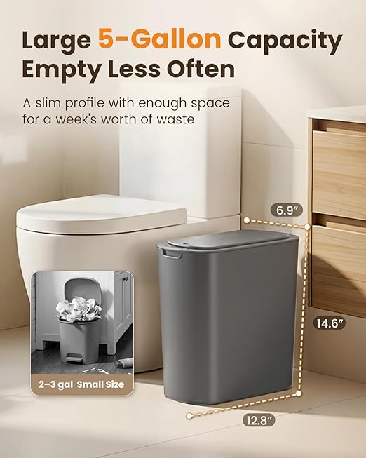 Cesun 5 Gallon Automatic Bathroom Trash Can with Lid, Grey, Touchless | Motion Sensor, Slim, Small Smart Garbage Bin, Plastic, Battery Operated, Manual Button, for Office/RV/Bedroom/Living Room