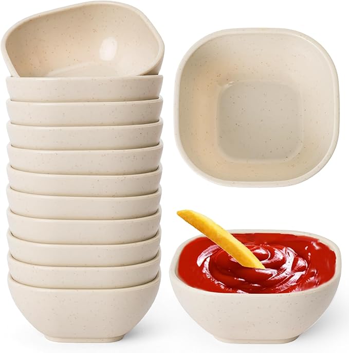 SHECIPIN 12 Pack Unbreakable Dipping Bowls, 4.5 OZ Soy Sauce Dishes,Wheat Straw Small Dessert Bowls,Small Prep Bowls，Dipping Sauce Cups, Dip Bowls for Side Dish, Snacks, BBQ，Ketchup (Beige