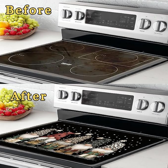 Cute Gnomes Electric Stove Top Cover, Black Heat Resistant Glass Stove Top Cover for Electric Stove – Retro Glass Cooktop Protector Expands Usable Space