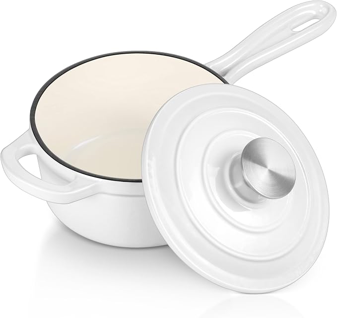 Leonyo 2 Quart Saucepan with Lid, Enameled Cast Iron Dutch Oven Pot, White | For All Cooktops Cooking Pasta, Milk, Soup- Up to 500°F & 6.7Lbs