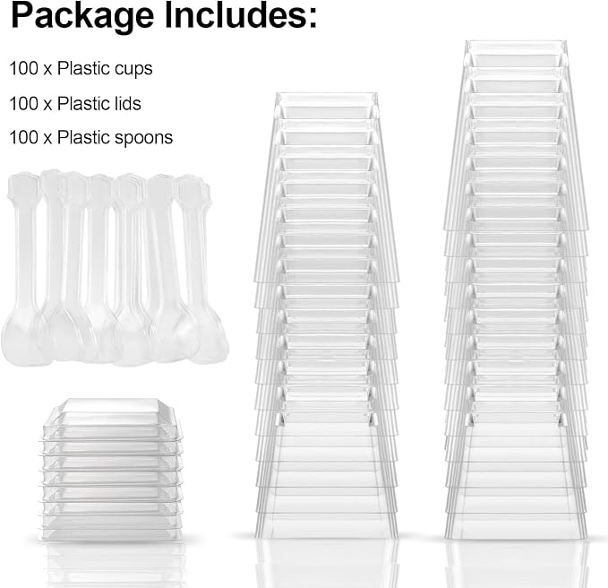 EASERCY 100 Pack 5 oz Plastic Dessert Cups with Lids, Yogurt Parfait/Appetizer Cup with Lids for Party, Mini Dessert Cups with Spoons Dessert Shooter Cups for Pudding, Fruit and Ice Cream