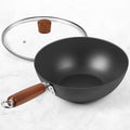 Carbon Steel Wok Pan, Flat Bottom Small Wok | Authentic Chinese Stir-Fry Pans Set with Glass Lid, 1.65lb Lightweight, Small Wok for 1-2 Servings. Wok with Lid